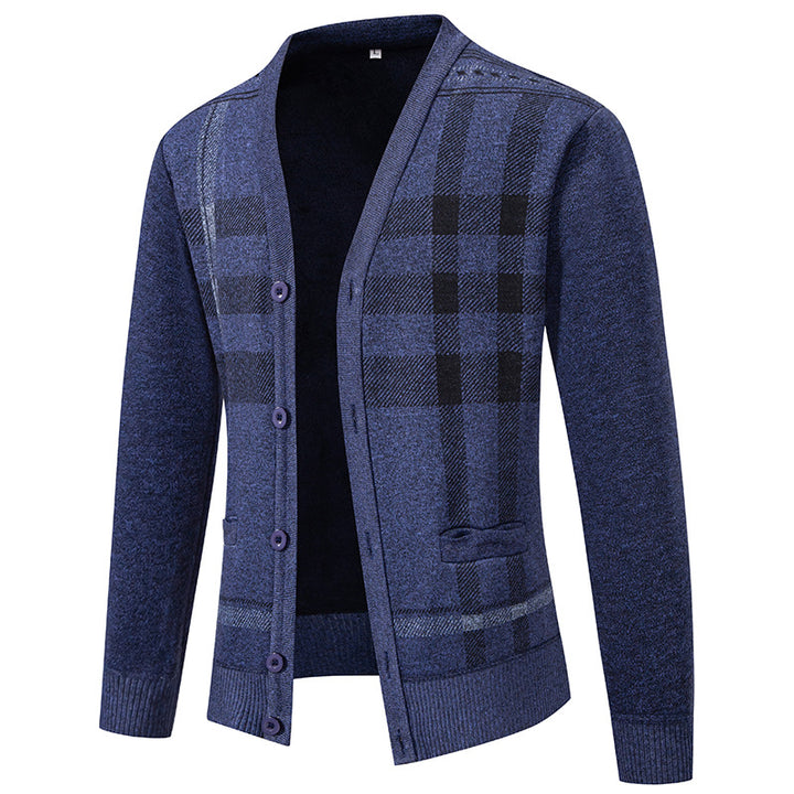 Herren stilvolle Strickjacke mit modernem Karomuster und praktischen Taschen Drune
