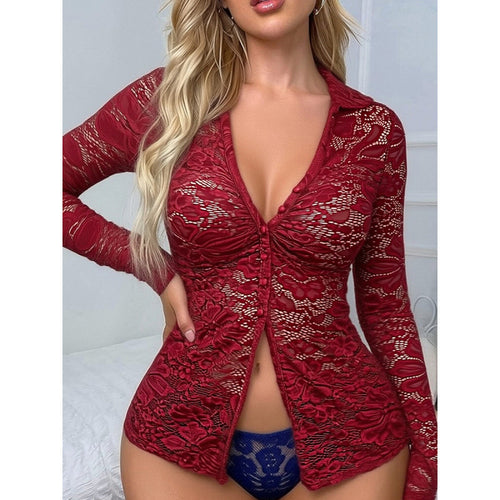 Damen Transparente Spitzenbluse mit knöpfbarem Ausschnitt und langem Arm Drune