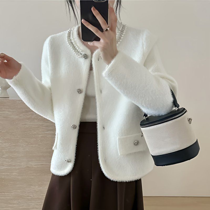 Damen Flauschige Strickjacke mit dekorativen Perlen Drune
