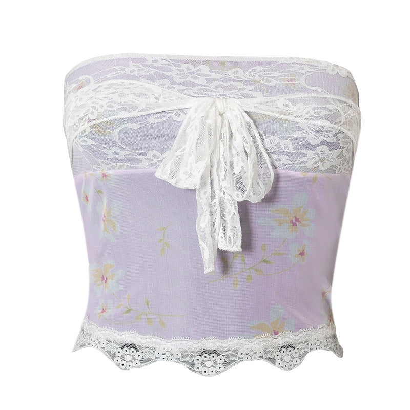 Damen Bandeau-Top mit floralen Details und Spitzenabschluss Drune