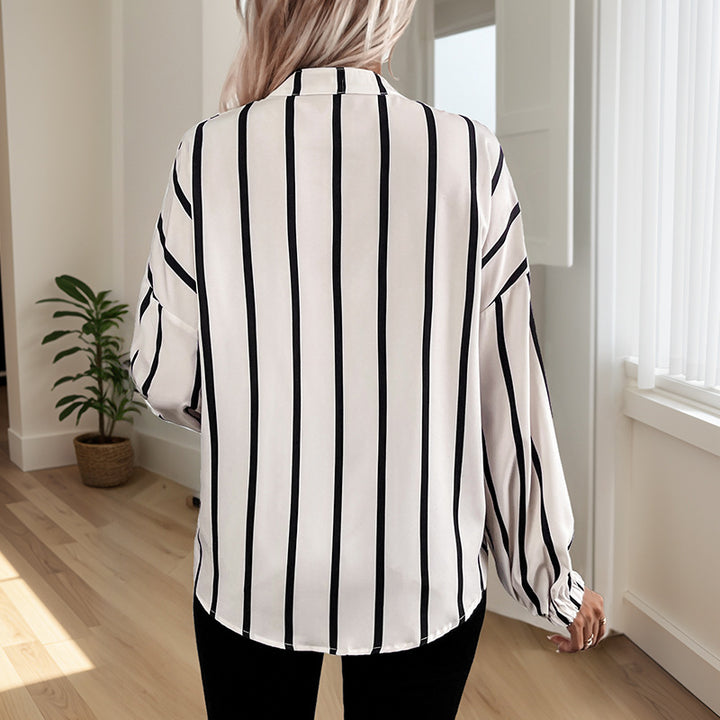Damen gestreifte Bluse mit eleganten Stickereien und modischen Puffärmeln Drune