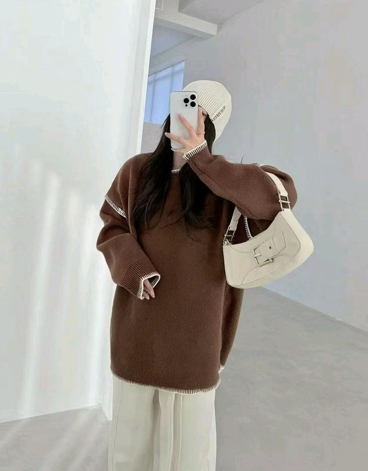 Damen lässiger Strickpullover mit breitem Rundhalsausschnitt und Übergangs-Streifenmuster Drune