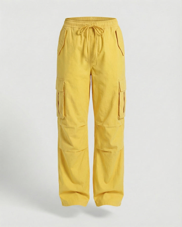 Damen weite Cargo-Hose im Retro-Utility-Stil mit hochgeschnittenem Bund Tunnelzug Mehrfachklappentaschen und verstellbaren Seitenschlaufen Drune