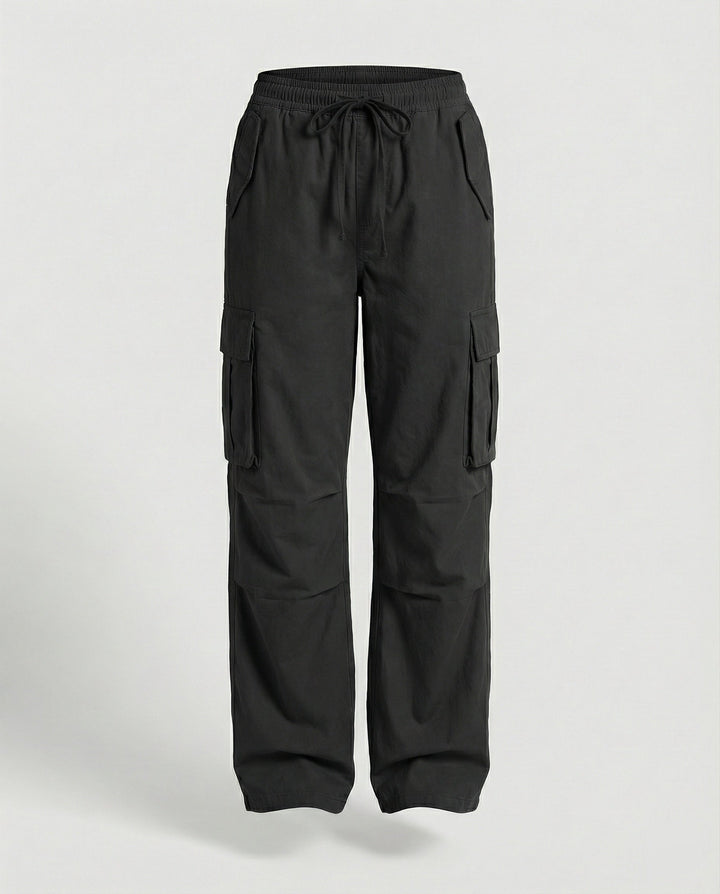 Damen weite Cargo-Hose im Retro-Utility-Stil mit hochgeschnittenem Bund Tunnelzug Mehrfachklappentaschen und verstellbaren Seitenschlaufen Drune