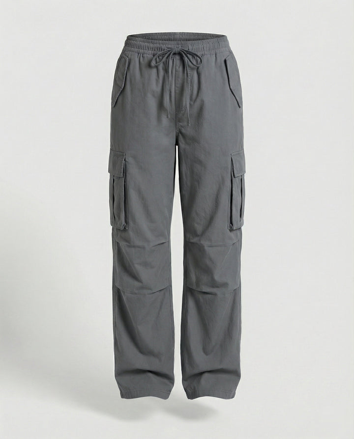 Damen weite Cargo-Hose im Retro-Utility-Stil mit hochgeschnittenem Bund Tunnelzug Mehrfachklappentaschen und verstellbaren Seitenschlaufen Drune