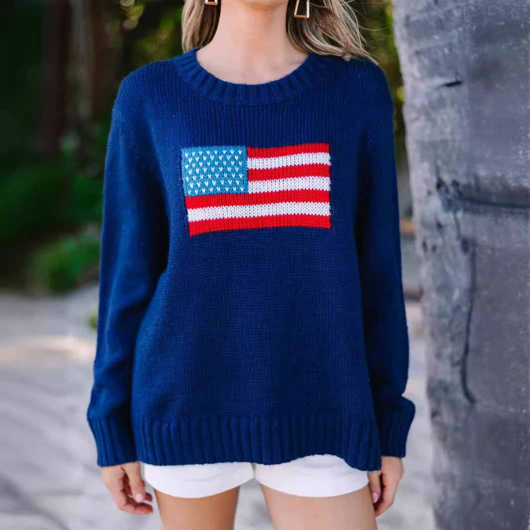 Damen trendiger Pullover mit USA-Flaggenstickerei aus luftiger Baumwolle Drune