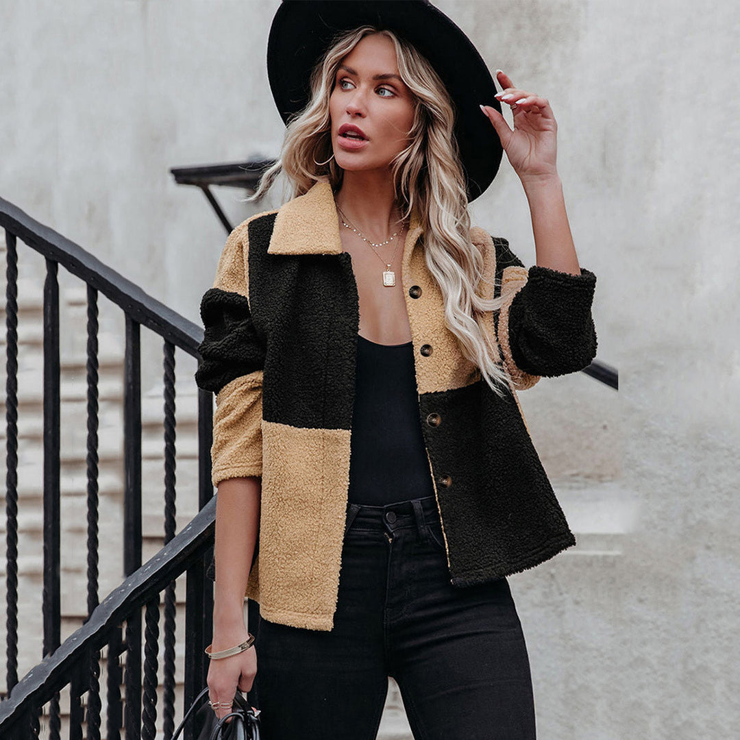 Damen trendige Teddyjacke mit modernem Patchwork-Design Drune
