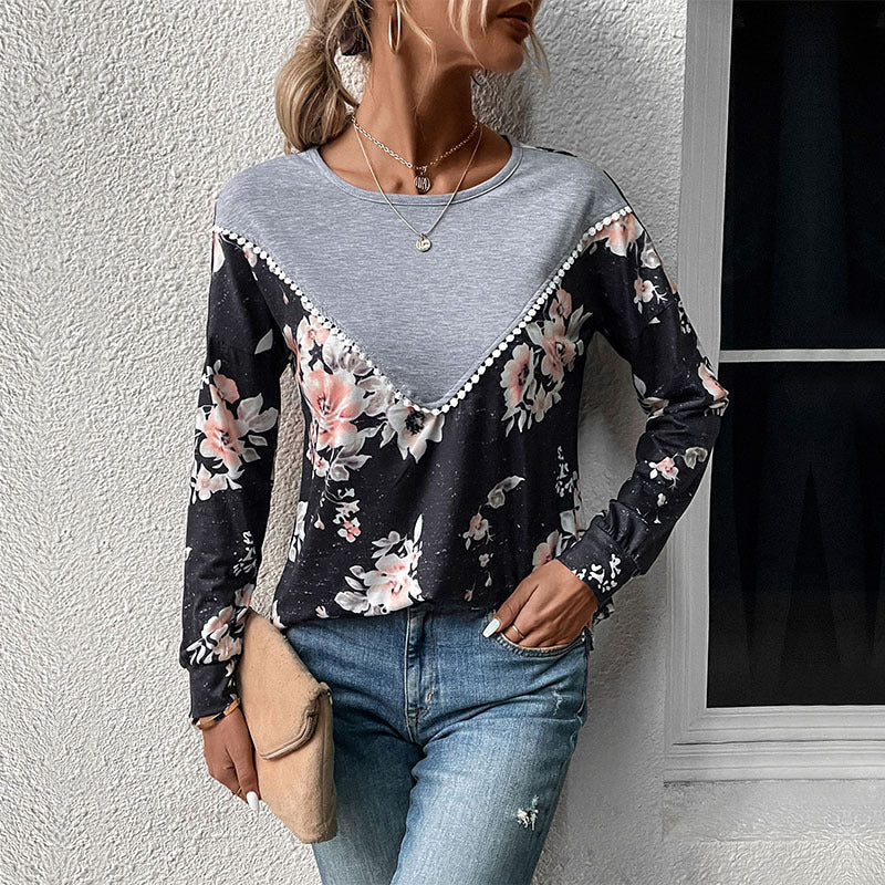 Damen Sweatshirt mit floralem V-Ausschnitt und eleganten Rüschendetails Drune