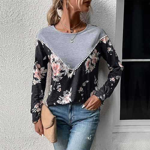Damen Sweatshirt mit floralem V-Ausschnitt und eleganten Rüschendetails Drune