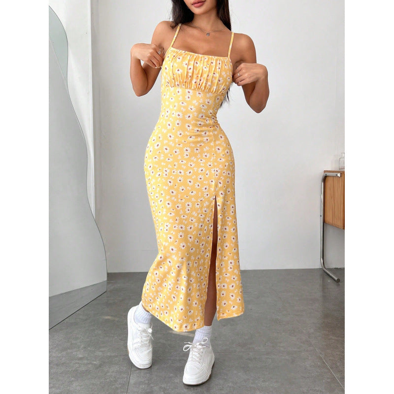 Damen Blumenkleid mit Spaghettiträgern und seitlichem Schlitz Drune