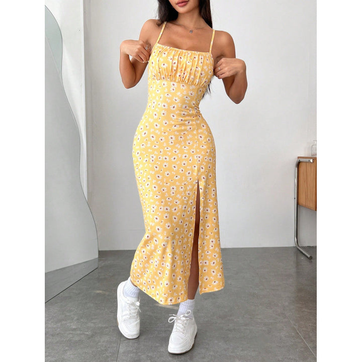 Damen Blumenkleid mit Spaghettiträgern und seitlichem Schlitz Drune