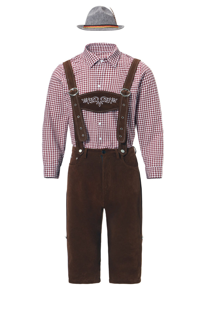 Herren nan kurze Trachtenlederhose in Veloursleder-Optik mit besticktem Brustlatz und verstellbaren Trägern Drune