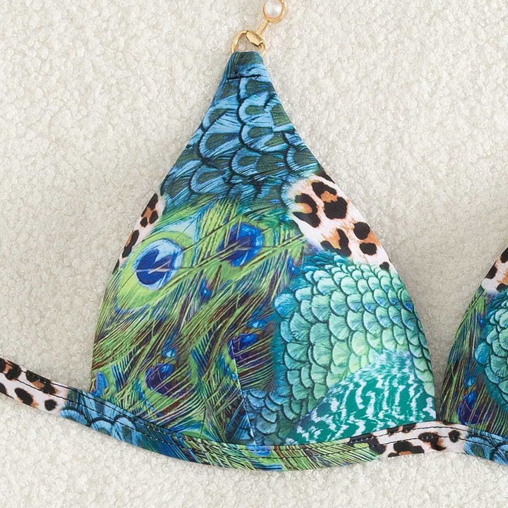 Damen Triangel-Bikini mit lebendigem Tier- und Pfauenmotiv Drune