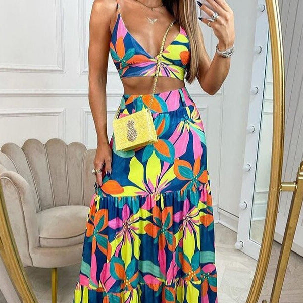 Damen Maxikleid mit floralem Design und verziertem V-Ausschnitt Drune