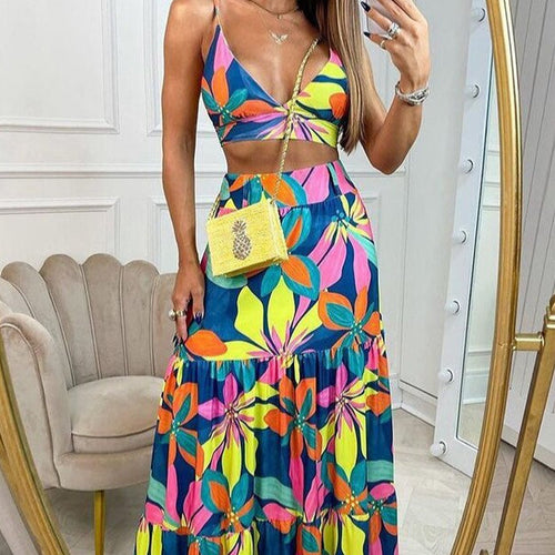 Damen Maxikleid mit floralem Design und verziertem V-Ausschnitt Drune
