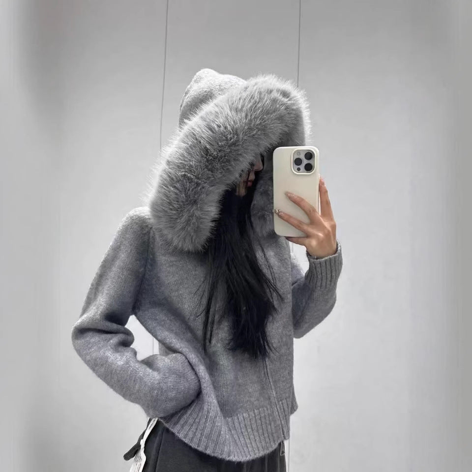 Damen modische Strickjacke mit abnehmbarer Kapuze aus weichem Material Drune