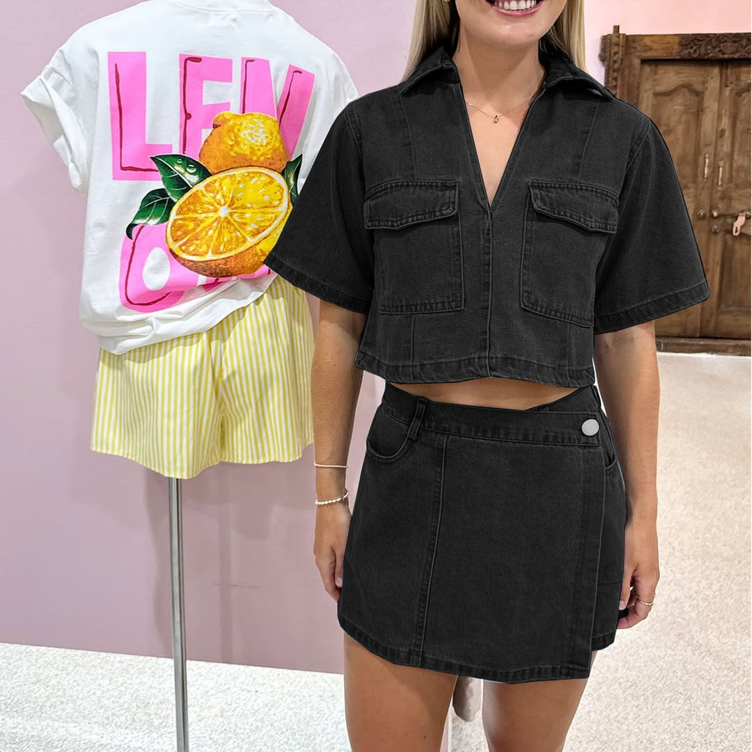 Damen modisches Denim-Kurzoberteil und Rock Set Drune