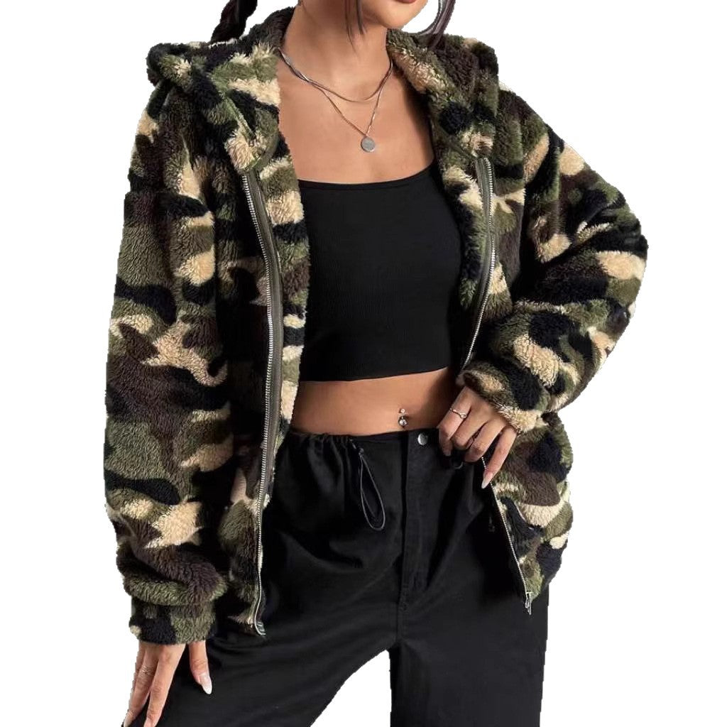 Damen Kuscheljacke mit Camouflage-Muster und Kapuze Drune