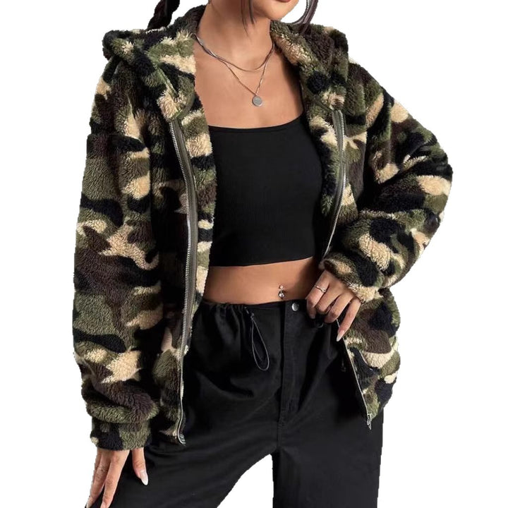 Damen Kuscheljacke mit Camouflage-Muster und Kapuze Drune