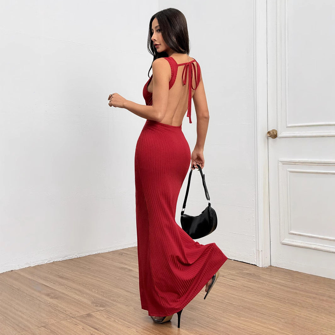 Damen figurbetontes Ripp-Maxi-Kleid mit edlem Rundhalsausschnitt Drune