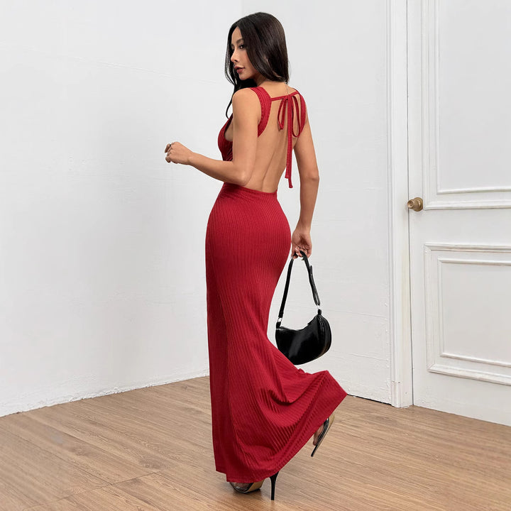 Damen figurbetontes Ripp-Maxi-Kleid mit edlem Rundhalsausschnitt Drune