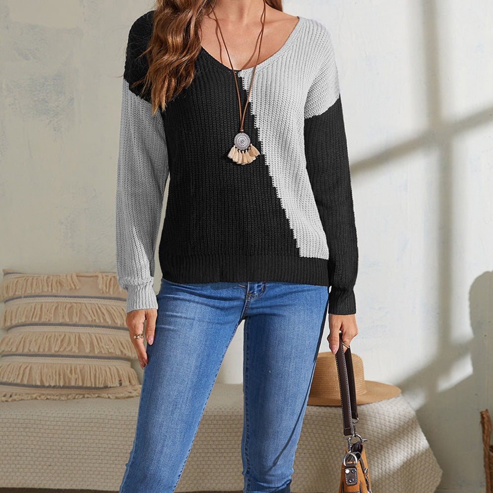 Damen lässiger Pullover mit asymmetrischem Farbspiel und V-Ausschnitt Drune