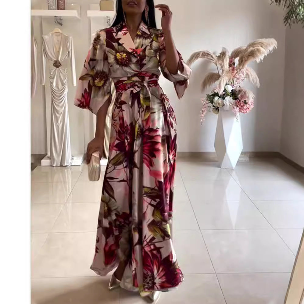 Damen elegantes Blumenkleid mit tailliertem Gürtel und weiten Ärmeln Drune