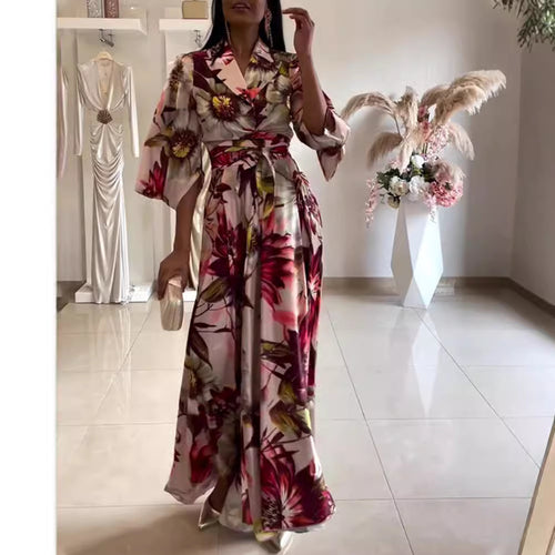 Damen elegantes Blumenkleid mit tailliertem Gürtel und weiten Ärmeln Drune