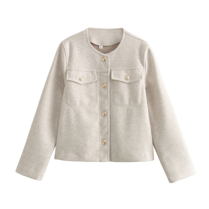 Damen elegante Modische Jacke mit zwei aufgesetzten Taschen und goldenen Knopfdetails Drune
