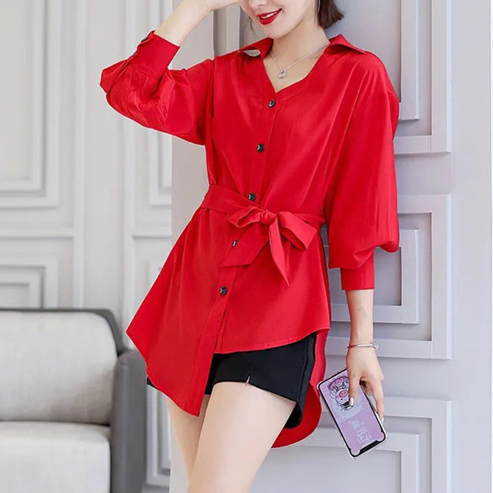Damen Modische Hemdbluse mit Taillengürtel Drune
