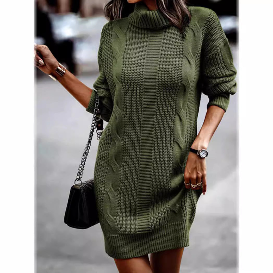 Damen Grobstrickpulloverkleid mit hohem Kragen und Kabelstruktur Drune