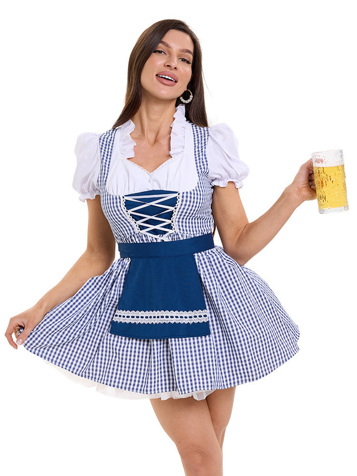 Damen nan kurzes kariertes Trachten Dirndl mit Schnürung Puffärmel und Schürze Drune