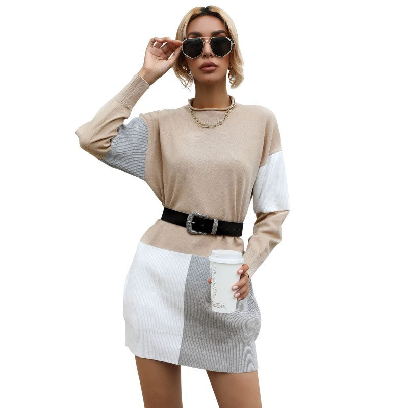 Damen Strickkleid mit modischem Farbblock-Design und tailliertem Gürtel Drune