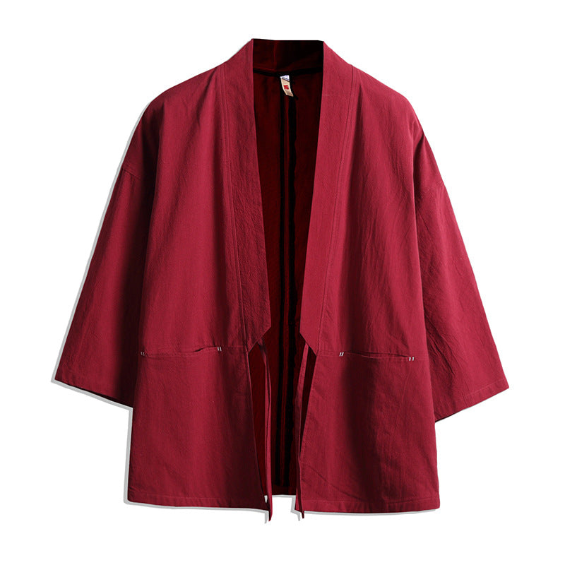 Unisex nan lässige Kimono-Jacke aus leichtem Baumwollmix mit weiter Passform und Bindegürtel Drune
