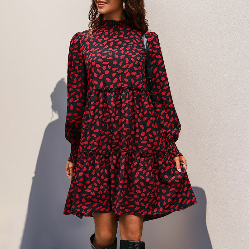 Damen verspieltes Midi-Kleid mit Rüschendetails und langem Arm Drune