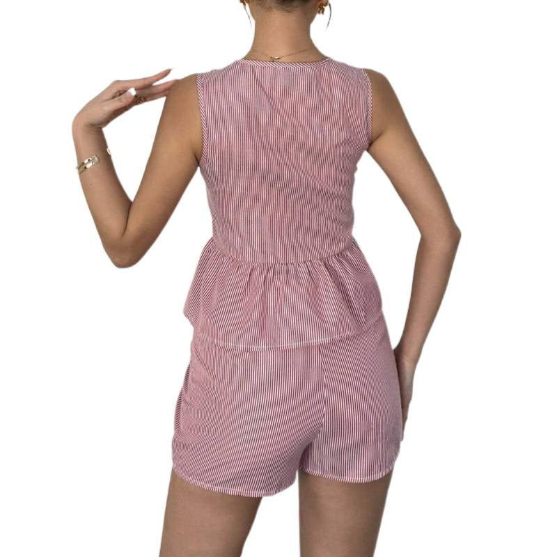 Damen Sommerliches Zweiteiliges Set mit Rüschendetails und verziertem Oberteil Drune