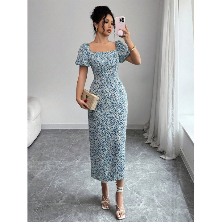 Damen Midikleid mit schulterfreien Puffärmeln und floralem Muster Drune