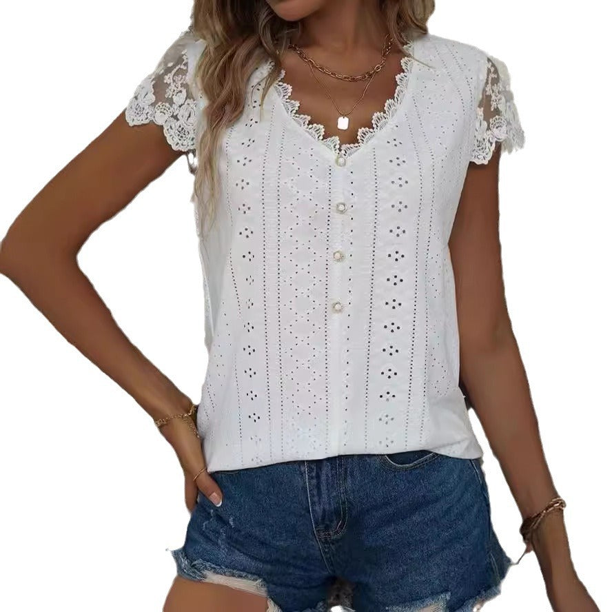 Damen Bluse mit romantischen Rüschen und einzigartiger Lochstickerei Drune