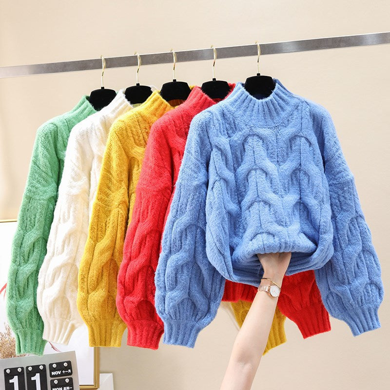 Damen kuscheliger Strickpullover mit voluminösen Ärmeln und Zopfmuster Drune