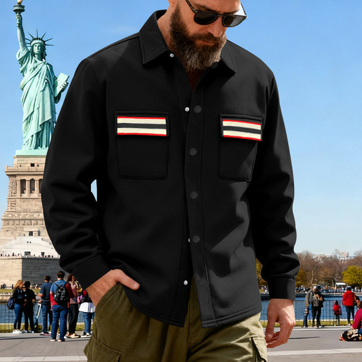 Herren nan Overshirt aus gewalktem Sweat mit aufgesetzten Brusttaschen und Retro-Streifen Drune