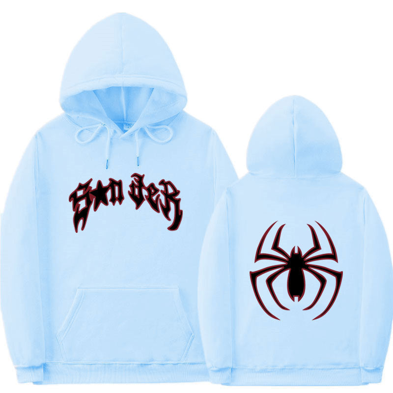 Damen Kapuzenpullover mit auffälligem Spinnenmotiv und grobem Schriftzug Drune