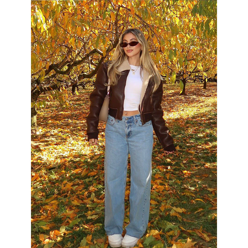 Damen cropped Lederjacke mit kunstvollem Kragen Drune