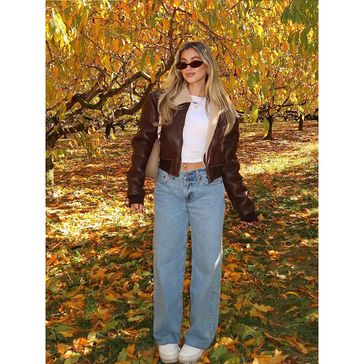 Damen cropped Lederjacke mit kunstvollem Kragen Drune