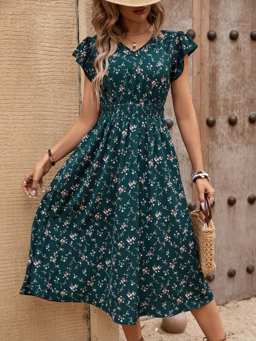 Damen Midikleid mit floralem Muster und Raffungen Drune