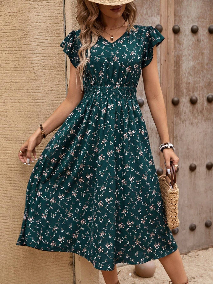 Damen Midikleid mit floralem Muster und Raffungen Drune