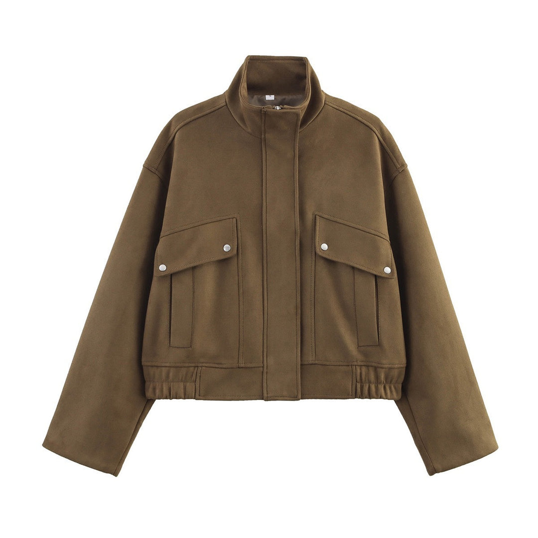 Damen nan kurze Oversize-Jacke in Wildlederoptik mit Stehkragen, aufgesetzten Pattentaschen und elastischem Bund Drune