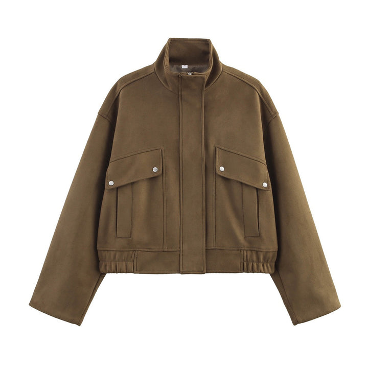 Damen nan kurze Oversize-Jacke in Wildlederoptik mit Stehkragen, aufgesetzten Pattentaschen und elastischem Bund Drune