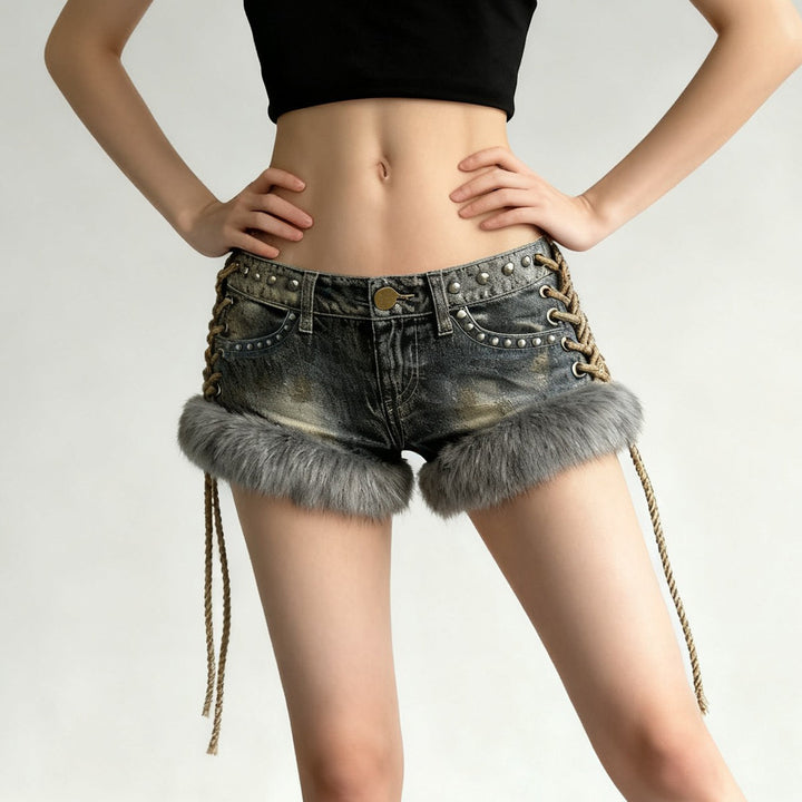 Damen Modische Denim-Shorts mit luxuriösem Kunstfell und Schnürdetails Drune