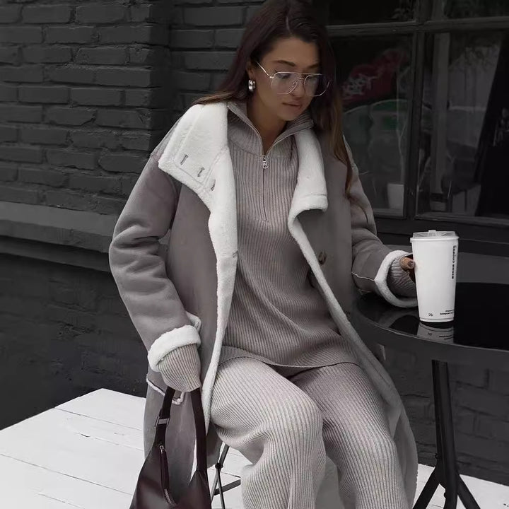 Damen Eleganter und warmer Fleece-Mantel mit oversized Schnitt und Knopfleiste Drune