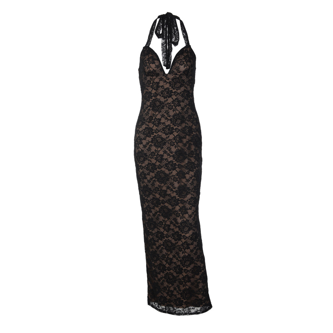 Damen Langes Spitzenkleid mit tiefem V-Ausschnitt und Halter-Design Drune